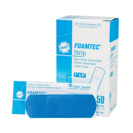The 1" x 3" Blue Foam Metal Detectable Adhesive Bandages - 40 per Box